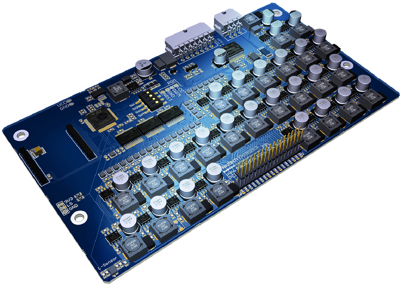 blue PCB with detailed electronic components